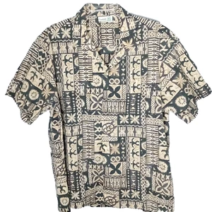 Hawaiian Shirt Mens Sz L Reverse Print MADE IN HAWAII Black/Beige Tribal Luau - Picture 1 of 21