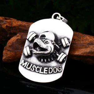 Retro Titanium Sport Muscle Dog Pendant Animal Stainless Steel Necklace Men Gift - Picture 1 of 6