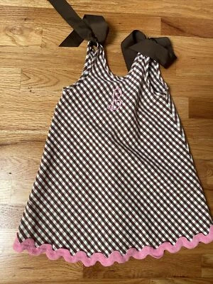 Chez Ami By Patsy Aiken Monogram "L" Dress, Size 4T Unique Ribbon Tie Brown Pink - Image 1 of 4