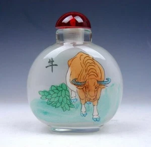 Peking Glass Inside Zodiac Sign Ox Hand Painted Large Snuff Bottle FengShui - Picture 1 of 5