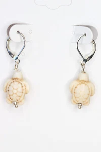 White Tone Turtle Charm Earrings Silver Plated Brass Leverback Earrings 1 1/2" - Picture 1 of 2