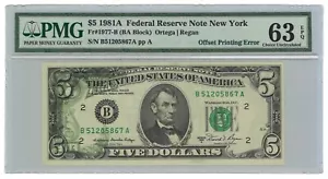 1981 $5 Federal Reserve Note New York Fr#1977-B PMG Ch UNC 63 EPQ Offset Error - Picture 1 of 3
