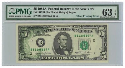1981 $5 Federal Reserve Note New York Fr#1977-B PMG Ch UNC 63 EPQ Offset Error - Image 1 of 3