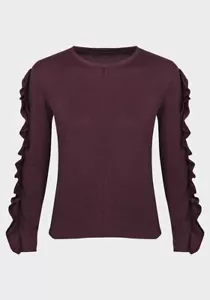 M&S Womens Jumper Soft Knitted Wine Red Frill Sleeve Top Marks and Spencer - Picture 1 of 6