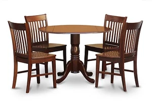 5pc dinette kitchen dining set round drop-leaf table + 4 wood chairs in mahogany - Picture 1 of 10