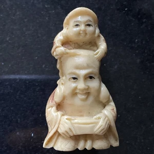 Vintage japanischer Netsuke-Stil Happy Buddha - handgeschnitzt Harz bemalt Details 2" - Bild 1 von 6