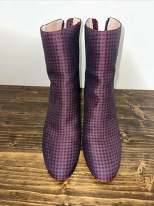 J.Crew Stiefel Sadie Reißverschluss Seide Krawattenmuster marineblau rot Stiefeletten Block Größe 9,5 - Bild 1 von 24