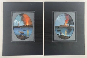 Paar neopolitanische Schul-Gouache-Boote vor dem Ausbruch des Stromboli-Vesuvs - Bild 1 von 24