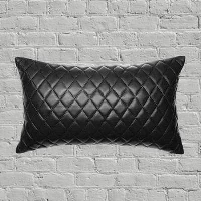 Black Leather Rectangle Quilted Cushion Pillow Cover Sheepskin Home & Decorative - Image 1 of 2