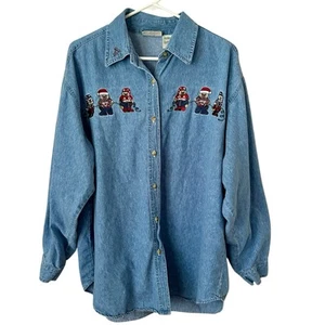 Vintage Faded Glory Jeanshemd Gr. 20 bestickt Weihnachten Bären Button Down - Bild 1 von 8