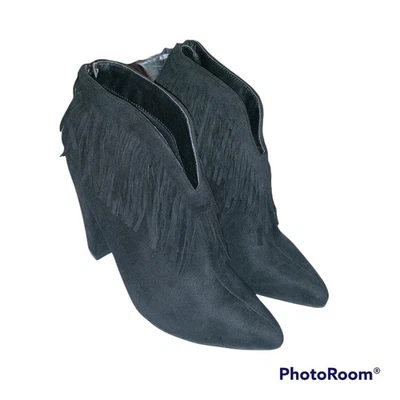 Michael Antonio Black Suede Fringe Heeled Booties Western Festival Size 8 - Image 1 of 4