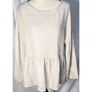 Vanessa Zani Linen Blouse Shirt Medium Long Sleeve Ruffle Beige Lagenlook Top - Picture 1 of 3