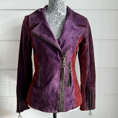 Vintage Suede Leather Jacket 80s 90s Color Block Purple Maroon Suede XS - Image 1 of 4