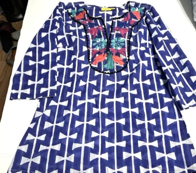 ROLLER RABBIT Tunic Royal Blue White Embroidered Birds W/Tassel 3/4 Sleeves XS - Image 1 of 4