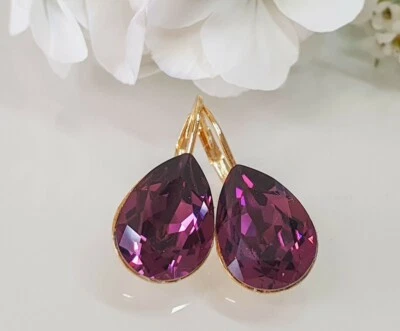 Crystal earrings Drop leverback Earrings Genuine Swarovski element Amethyst  - Image 1 of 4
