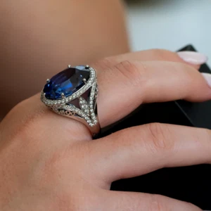 18K Gold Wedding Ring Lab Grown Blue Sapphire Oval Cut 27.20 Ct Natural Diamond - Picture 1 of 8