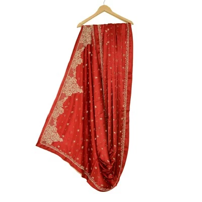 Sanskriti Vintage Dark Red Wedding Dupatta Satin Hand Beaded Wrap Stole - Image 1 of 4