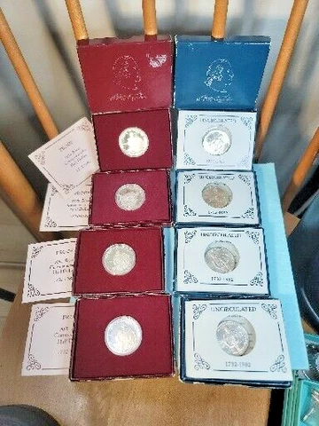 Lot of 8 George Washington Commemorative 1982 90% Silver Half Dollar Proofs 50c Cover