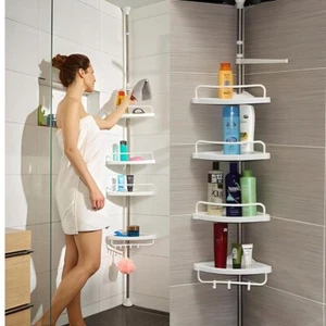 Scaffale Angolare Doccia 4 Mensole Asta Allungabile Mensola Angolo Bagno - Foto 1 di 12