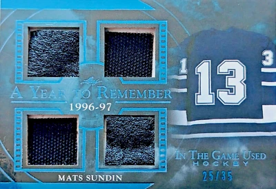 🔥#/35 MATS SUNDIN QUAD RELIC 2020-21 LEAF IN THE GAME USED A YEAR TO REMEMBER🔥 - Image 1 of 4
