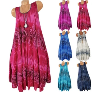 Ladies Plus-Sizes Summer Beach Boho Sundress Holiday Print Baggy Long Midi Dress - Picture 1 of 17
