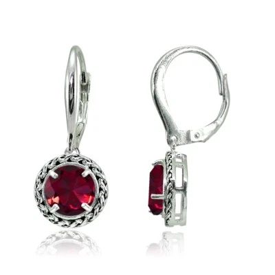 Sterling Silver Created Ruby Round Oxidized Rope Dangle Leverback Earrings - Image 1 of 3