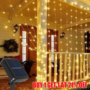 Solar Curtain Fairy String Lights Hanging Gazebo Patio Garden Waterfall Light UK - Picture 1 of 23