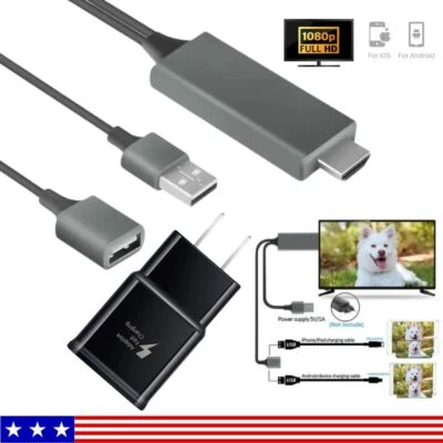 1080P HDMI USB AV Mirroring Cable Phone to HDTV Adapter For iPhone 14 13 12 11 X - Image 1 of 4