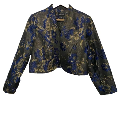 Ashro Black Blue Gold Formal Wedding Church Party Velda Jacket Dress 16W Cropped - Image 1 of 4