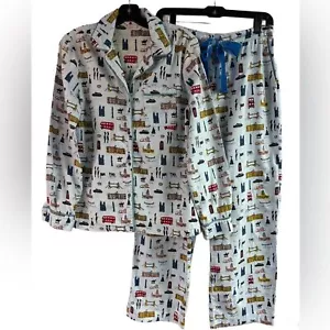 Biden Blue Brushed Cotton Travel Theme Pajamas Size S - Picture 1 of 7