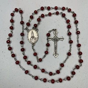 Vintage Red Beads Rosary Lady Of Fatima Center 1-3/4” Tall Crucifix Italy Made - Picture 1 of 9