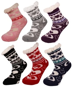 Chunky Polar Fleece Lined Heart Striped Non-Slip Grip Sole Slipper Bed Socks 4-8 - Picture 1 of 9