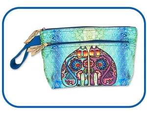 Laurel Burch #8051C "Two Cats" Wristlet 10"x3"x6" Canvas~2 Pockets~Strap~ - Picture 1 of 2