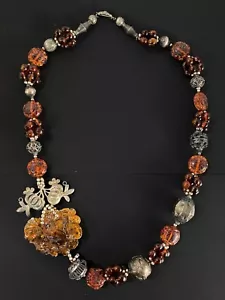 Antique Chinese Carved Amber pendant silver dragon beads 32 inches necklace 156g - Picture 1 of 16