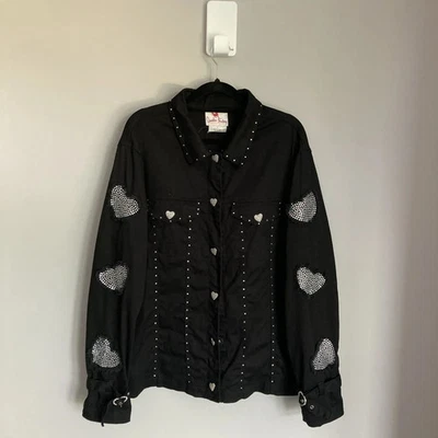 Denim Jacket Diamante Rhinestone Hearts Black Womens L Cutegoth Kawaii Glamrock - Image 1 of 4