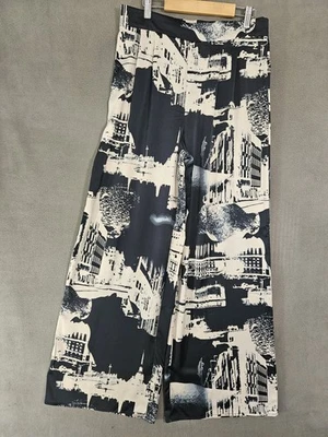 女式阔腿拉裤长裤黑色城市建筑打褶缎面  — 第 1/4 张图片