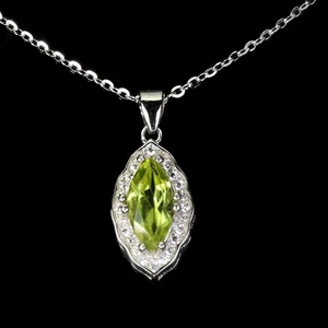 925 Sterling Silver Necklace Marquise Peridot Natural Gemstone Jewelry 18inches - Picture 1 of 14