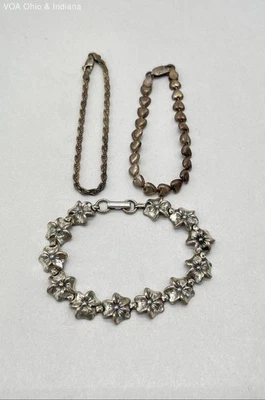 3 Sterling Silver Bracelets - Rope, Flowers & Hearts 7" - Image 1 of 4