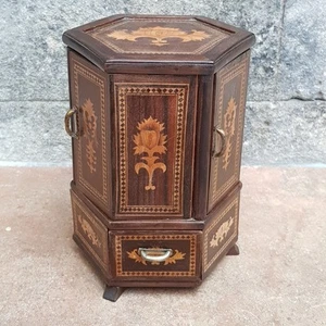 Ornate Marquetry Inlaid Wooden Table Cigarette Box Carousel Antique circa 1910 - Picture 1 of 14