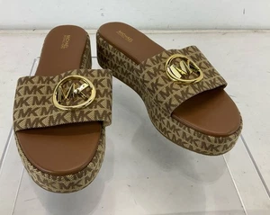 Michael Kors Beige Brown Signature Jacquard Platform Slide Sandals 10M - Picture 1 of 5
