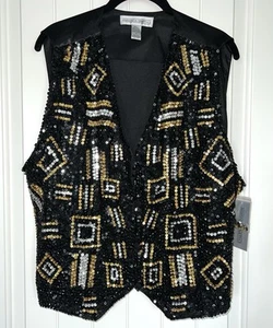 AMANDA SMITH donna 1X gilet 100% seta perline paillettes nero oro argento NUOVI DIFETTI - Foto 1 di 23