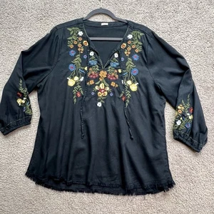REBA Woman Embroidered Fall Flowers Peasant Black Blouse 3/4 Sleeves XL - Picture 1 of 10