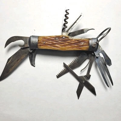 Vintage Bone Handle Multi-Tool Folding Pocket Knife Unrestored - Image 1 of 4