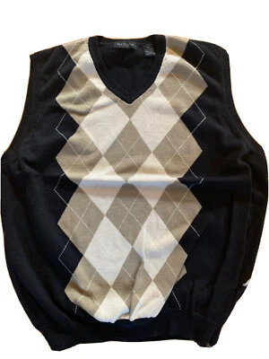 Van Heusen Mens Black  Argyle Sleeveless Tight Knit V Neck Sweater Vest XL - Image 1 of 4