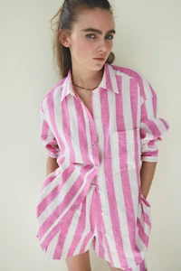 H&M OVERSIZED LINEN-BLEND SHIRT TOP BLOUSE PINK WHITE STRIPE LONG S SMALL 8 36 - Picture 1 of 6
