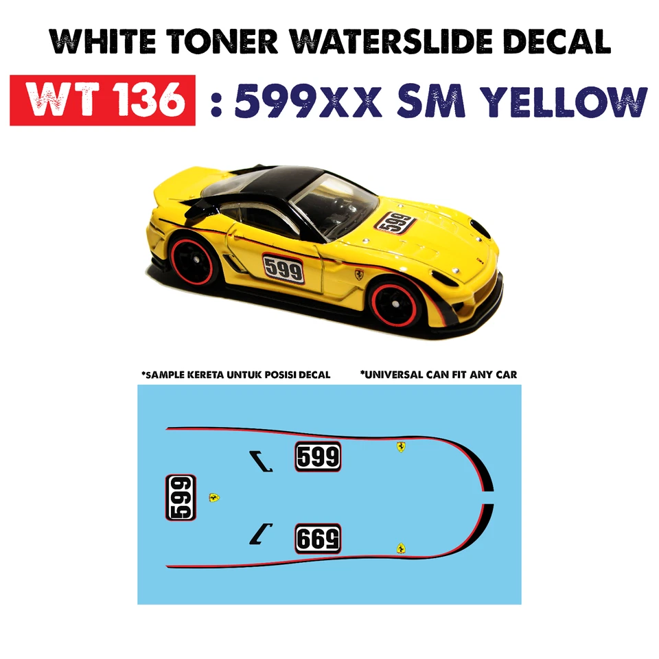 Decalques Waterslide de toner branco WT136 599XX SM amarelo para Hot Wheels personalizados 1:64 - Imagem 1 de 4
