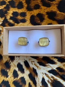 Ted Baker Brushed Silver Logo Yellow Cats Eye Square Cufflinks - Picture 1 of 3