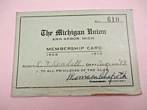 Antique Vintage 1909 1910 University of Michigan Union Membership Card - Picture 1 of 6