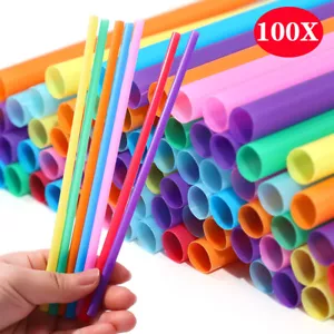 100X Disposable Plastic Straw Colored Straws Flat Mouth Long Tube Beverage Tools - Picture 1 of 21