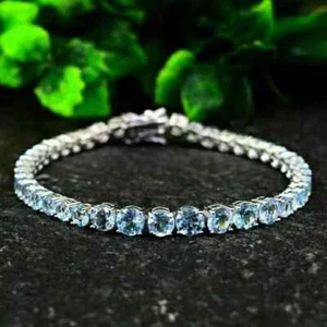6Ct Round Cut Lab Created Aquamarine Women's Bracelet Gift 14K White Gold Plated - Picture 1 of 5
